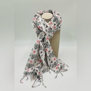 Chic White and Black Lightweight Cotton Fringed Birdcage/Colored Birds Scarf